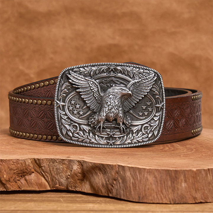 Ceinture en cuir pour homme avec boucle aigle 3D bronze vintage - Argent - Ceinture à rivets marron - 42 - image 9