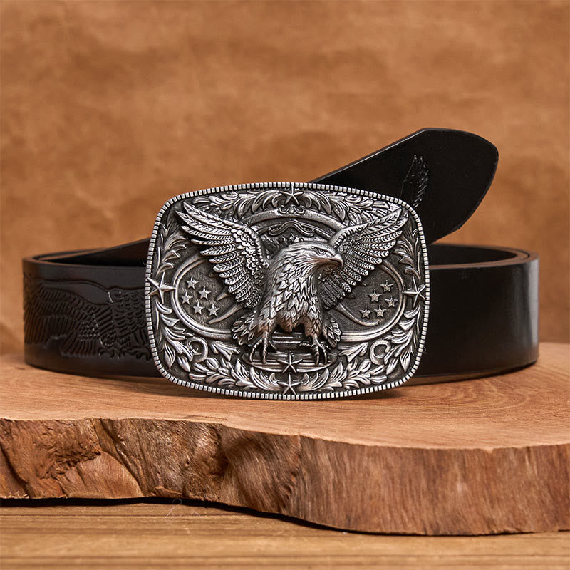 Ceinture en cuir pour homme avec boucle aigle 3D bronze vintage - Argent - Ceinture noire à motif aigle en relief - 42 - image 5