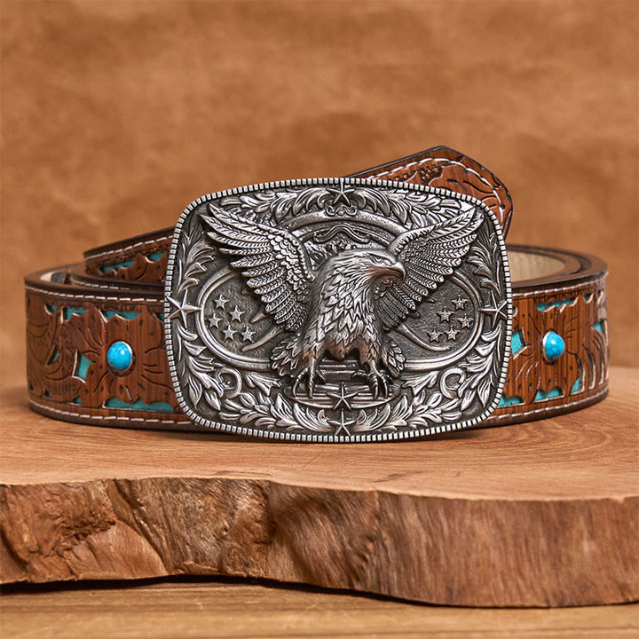 Ceinture en cuir pour homme avec boucle aigle 3D bronze vintage - Argent - Ceinture turquoise sculptée - 42 - image 7
