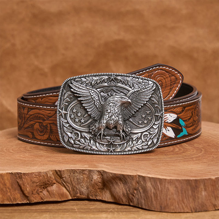 Ceinture en cuir pour homme avec boucle aigle 3D bronze vintage - Argent - Ceinture de plumes brunes - 40 - image 15