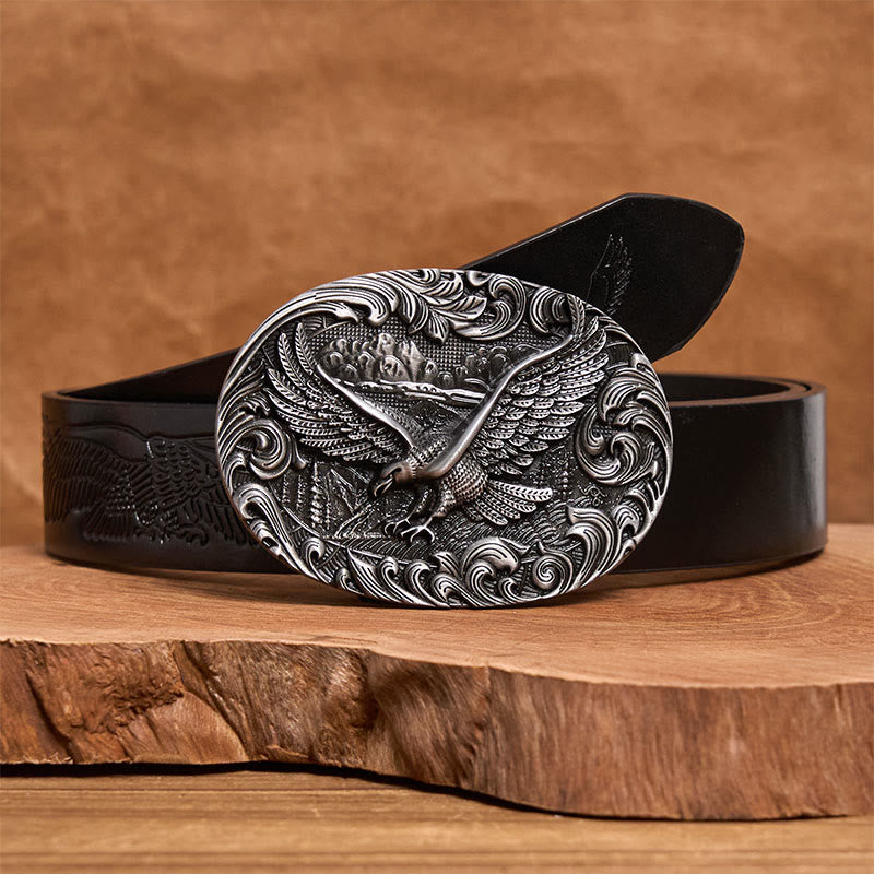 Ceinture en cuir pour homme avec boucle en cuir et aigle volant en relief style western - Argent - Ceinture noire à motif aigle en relief - 42 - image 4