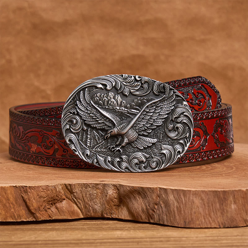 Ceinture en cuir pour homme avec boucle en cuir et aigle volant en relief style western - Argent - Ceinture sculptée marron - 42 - image 12