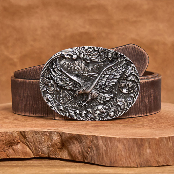 Ceinture en cuir pour homme avec boucle en cuir et aigle volant en relief style western - Argent - Ceinture marron vieillie - 42 - image 10