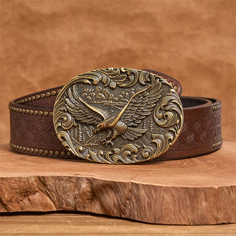 Ceinture en cuir pour homme avec boucle en cuir et aigle volant en relief style western - Bronze - Ceinture à rivets marron - 42 - image 9