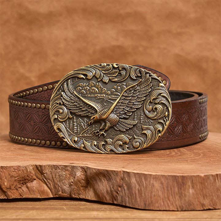 Ceinture en cuir pour homme avec boucle en cuir et aigle volant en relief style western - Bronze - Ceinture à rivets marron - 42 - image 9