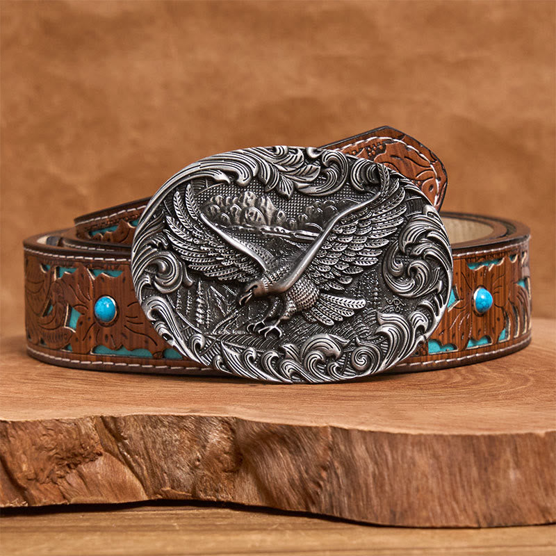 Ceinture en cuir pour homme avec boucle en cuir et aigle volant en relief style western - Argent - Ceinture turquoise sculptée - 42 - image 6