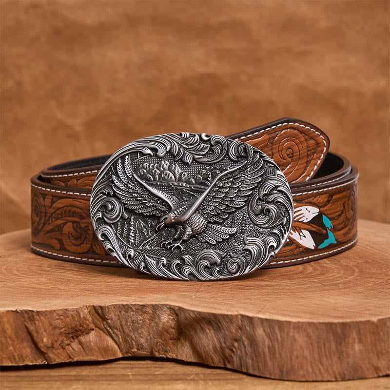 Ceinture en cuir pour homme avec boucle en cuir et aigle volant en relief style western - Argent - Ceinture de plumes brunes - 40 - image 14