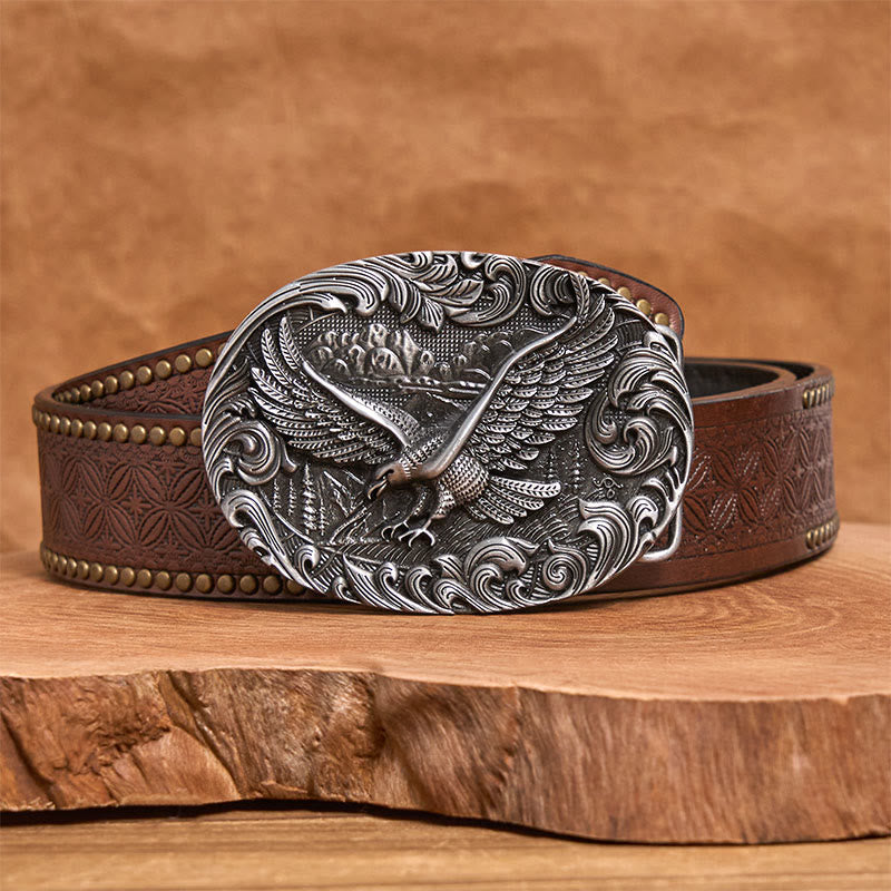 Ceinture en cuir pour homme avec boucle en cuir et aigle volant en relief style western - Argent - Ceinture à rivets marron - 42 - image 8