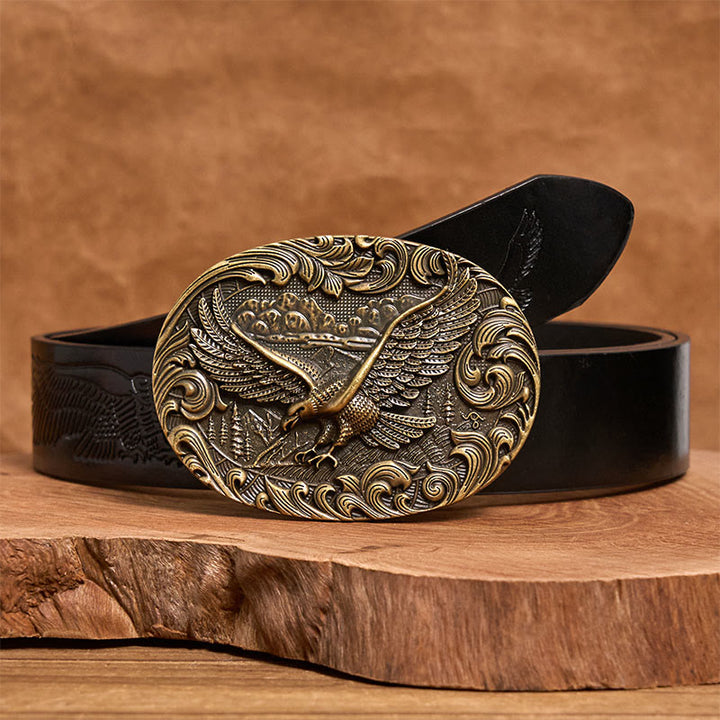 Ceinture en cuir pour homme avec boucle en cuir et aigle volant en relief style western - Bronze - Ceinture noire à motif aigle en relief - 42 - image 5