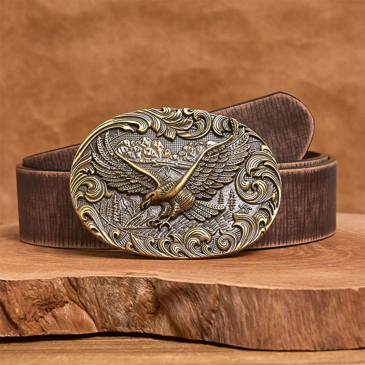 Ceinture en cuir pour homme avec boucle en cuir et aigle volant en relief style western - Bronze - Ceinture marron vieillie - 42 - image 11