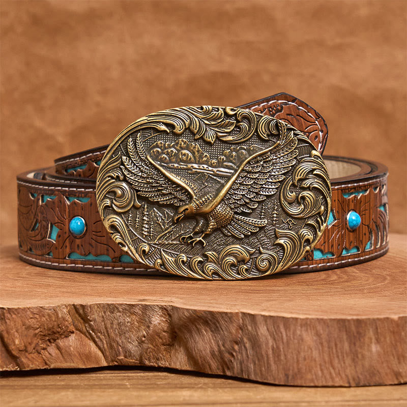 Ceinture en cuir pour homme avec boucle en cuir et aigle volant en relief style western - Bronze - Ceinture turquoise sculptée - 42 - image 7