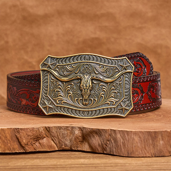 Ceinture en cuir pour homme avec boucle ornée d'un crâne de longhorn de style western - Bronze - Ceinture sculptée marron - 42 - image 12