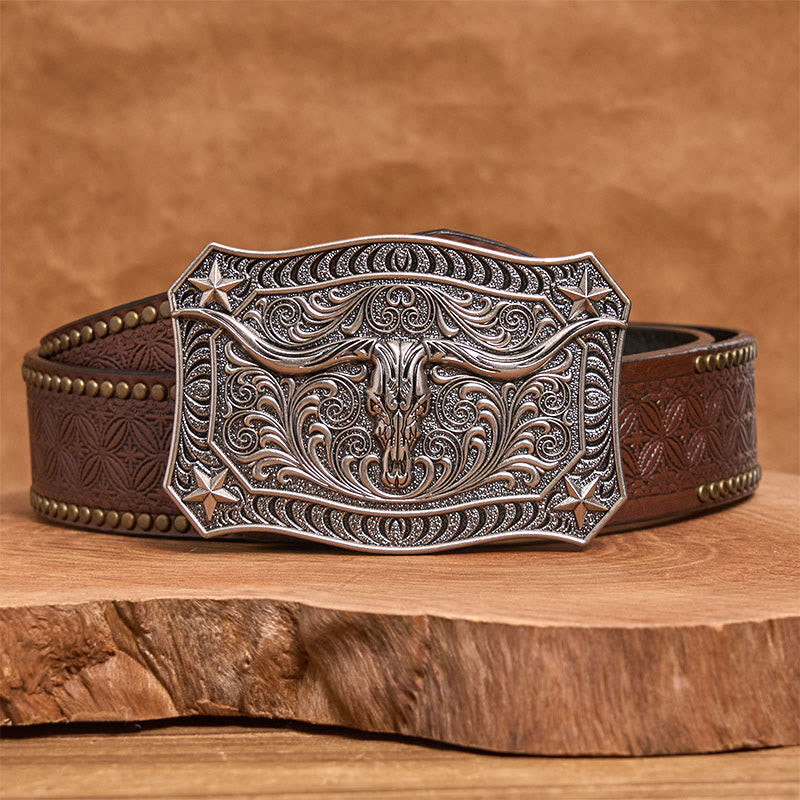Ceinture en cuir pour homme avec boucle ornée d'un crâne de longhorn de style western - Argent - Ceinture à rivets marron - 42 - image 9