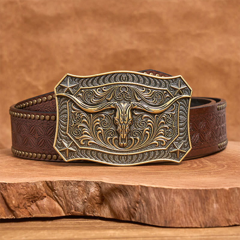 Ceinture en cuir pour homme avec boucle ornée d'un crâne de longhorn de style western - Bronze - Ceinture à rivets marron - 42 - image 8