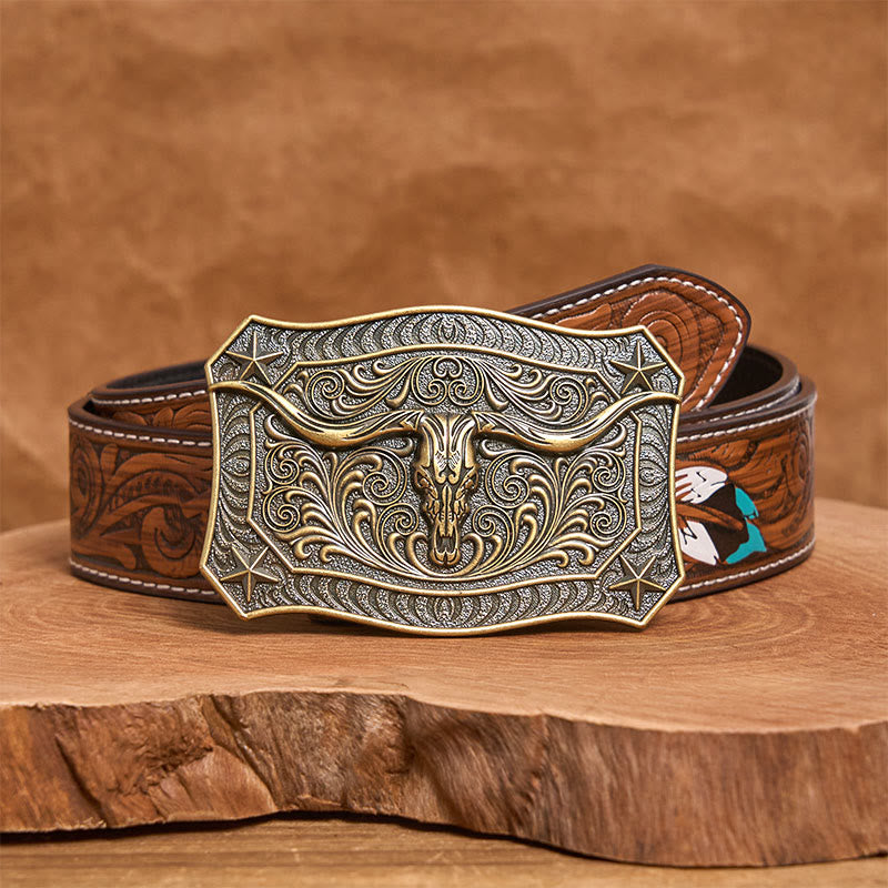 Ceinture en cuir pour homme avec boucle ornée d'un crâne de longhorn de style western - Bronze - Ceinture de plumes brunes - 40 - image 14
