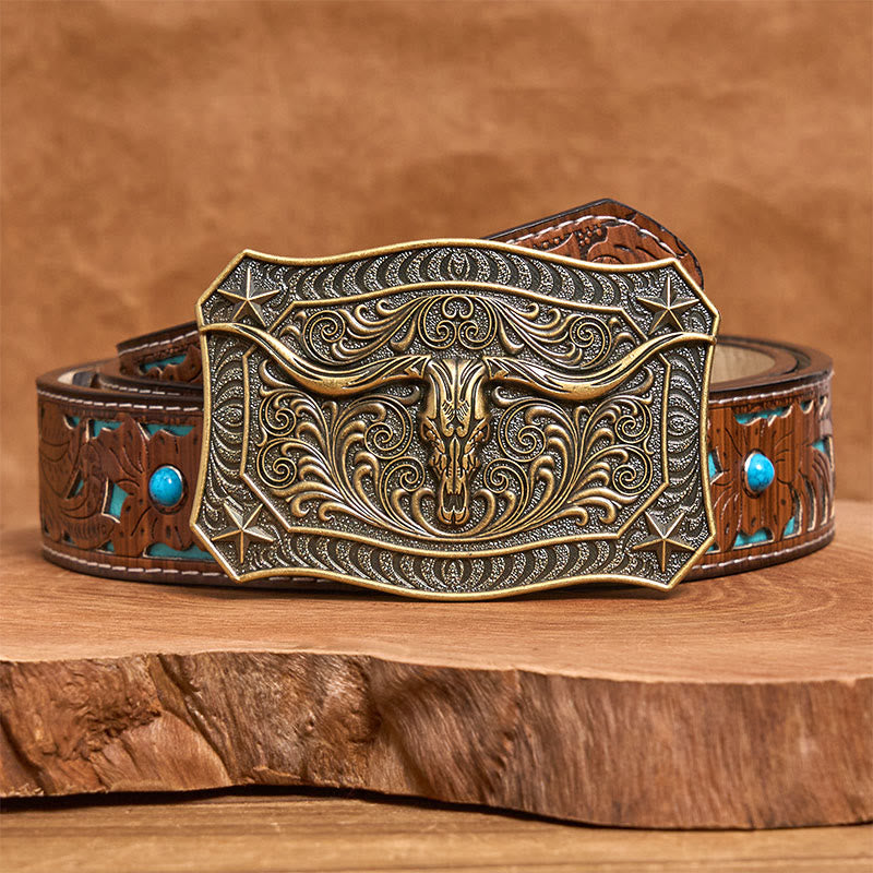 Ceinture en cuir pour homme avec boucle ornée d'un crâne de longhorn de style western - Bronze - Ceinture turquoise sculptée - 42 - image 6