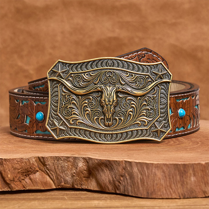 Ceinture en cuir pour homme avec boucle ornée d'un crâne de longhorn de style western - Bronze - Ceinture turquoise sculptée - 42 - image 6