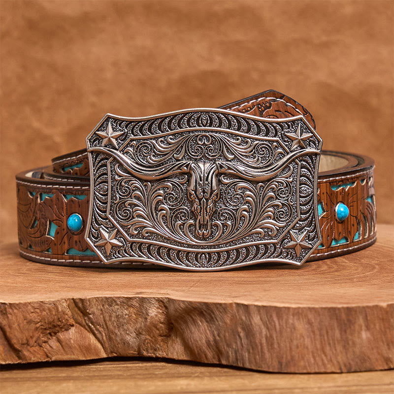 Ceinture en cuir pour homme avec boucle ornée d'un crâne de longhorn de style western - Argent - Ceinture turquoise sculptée - 42 - image 7