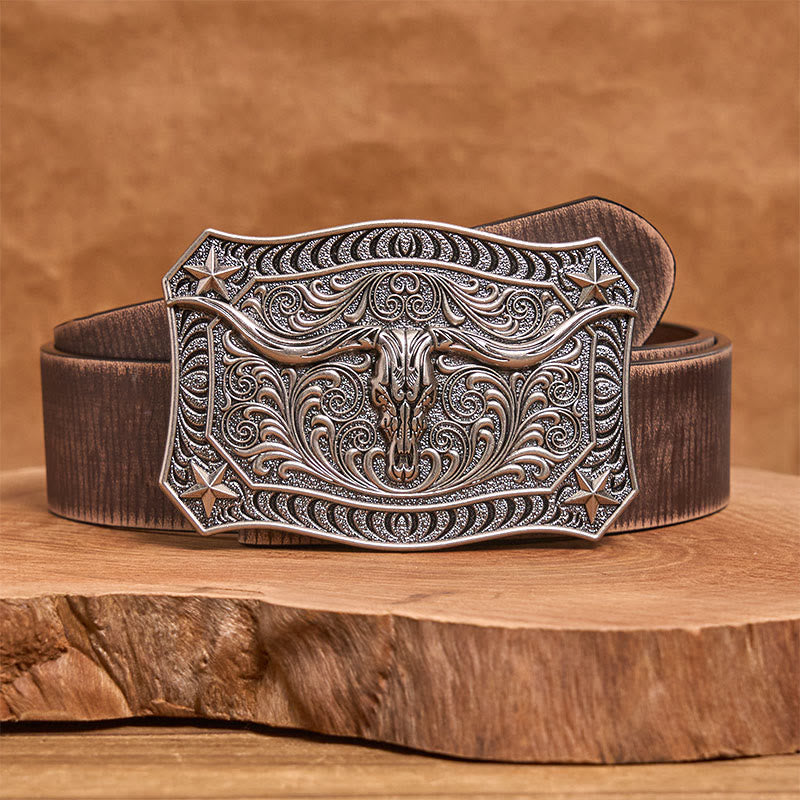 Ceinture en cuir pour homme avec boucle ornée d'un crâne de longhorn de style western - Argent - Ceinture marron vieillie - 42 - image 11