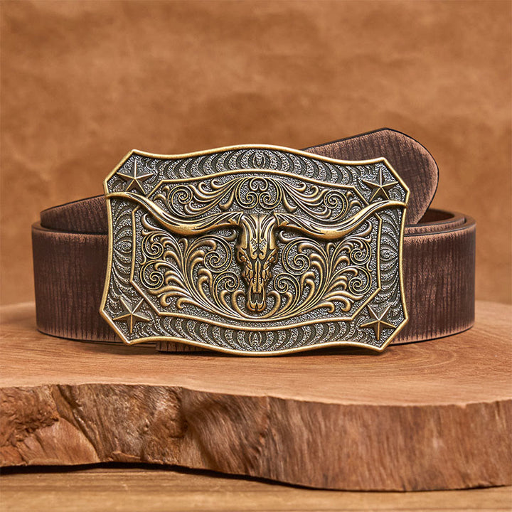 Ceinture en cuir pour homme avec boucle ornée d'un crâne de longhorn de style western - Bronze - Ceinture marron vieillie - 42 - image 10