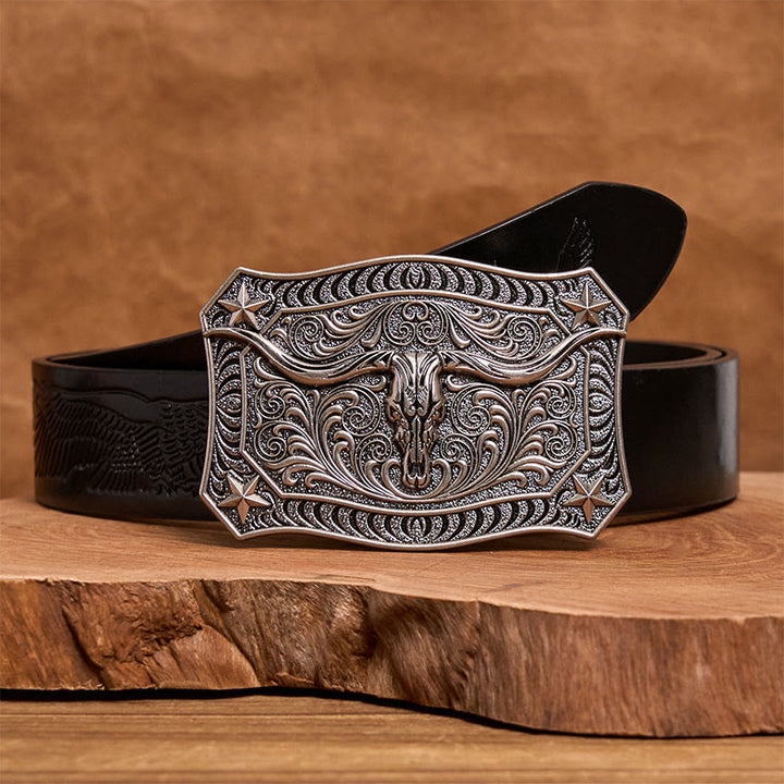 Ceinture en cuir pour homme avec boucle ornée d'un crâne de longhorn de style western - Argent - Ceinture noire à motif aigle en relief - 42 - image 5