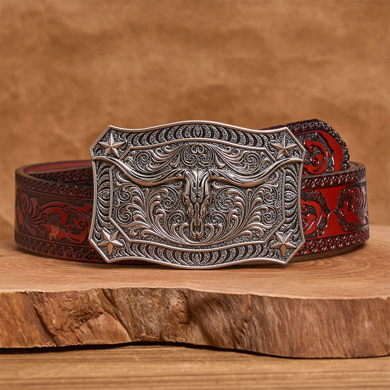 Ceinture en cuir pour homme avec boucle ornée d'un crâne de longhorn de style western - Argent - Ceinture sculptée marron - 42 - image 13
