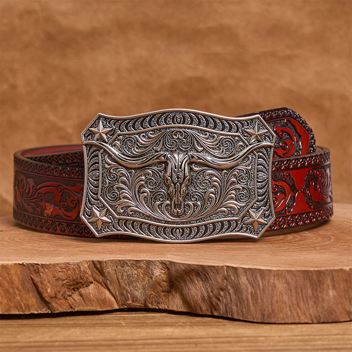 Ceinture en cuir pour homme avec boucle ornée d'un crâne de longhorn de style western - Argent - Ceinture sculptée marron - 42 - image 13