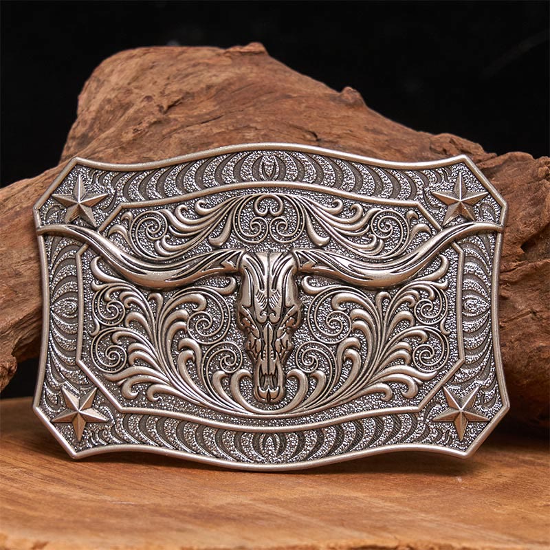 Ceinture en cuir pour homme avec boucle ornée d'un crâne de longhorn de style western - Argent - Sans ceinture - Ceinture non incluse - image 2
