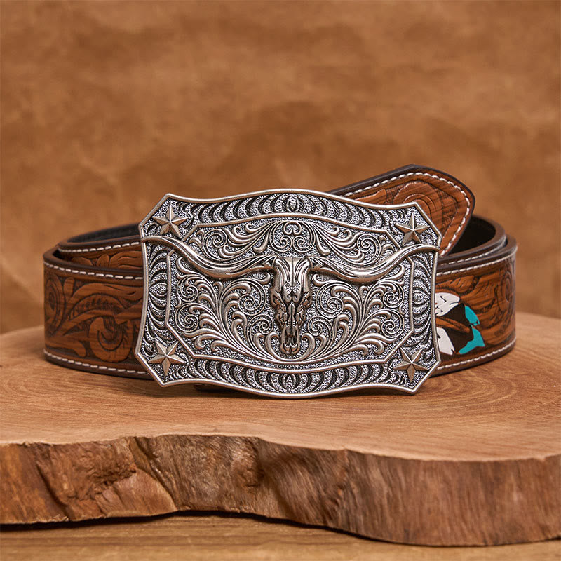 Ceinture en cuir pour homme avec boucle ornée d'un crâne de longhorn de style western - Argent - Ceinture de plumes brunes - 40 - image 15