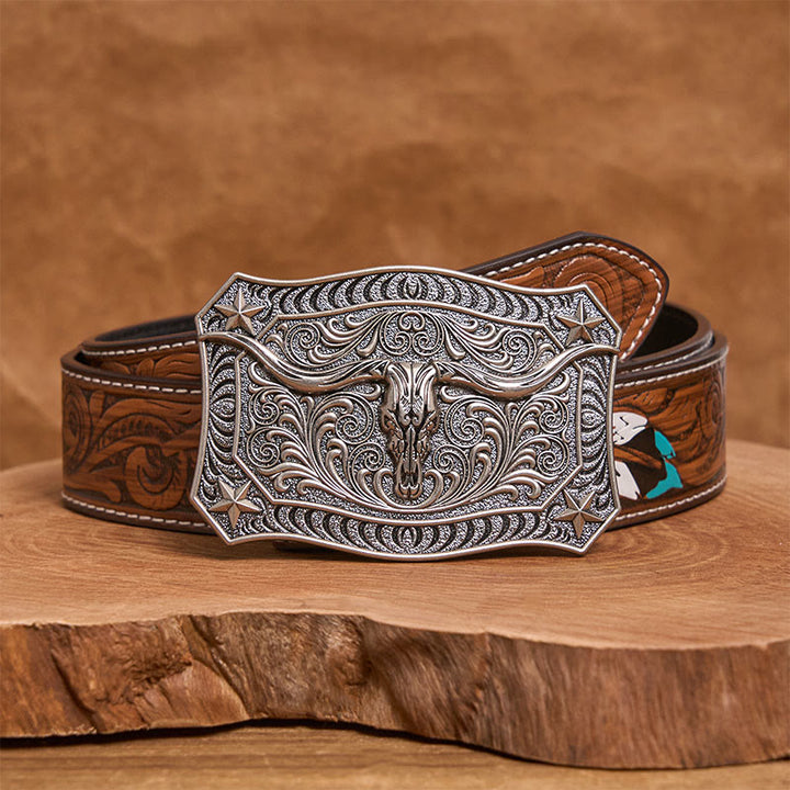 Ceinture en cuir pour homme avec boucle ornée d'un crâne de longhorn de style western - Argent - Ceinture de plumes brunes - 40 - image 15