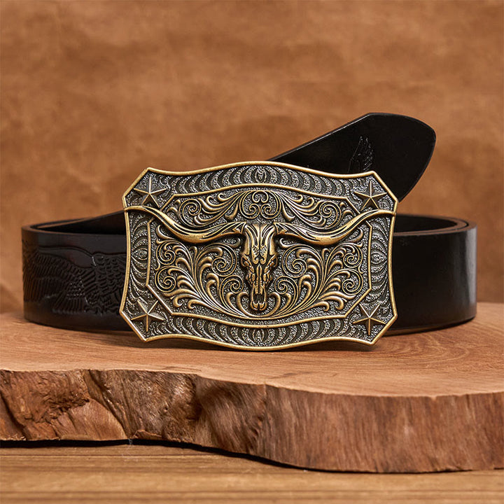 Ceinture en cuir pour homme avec boucle ornée d'un crâne de longhorn de style western - Bronze - Ceinture noire à motif aigle en relief - 42 - image 4