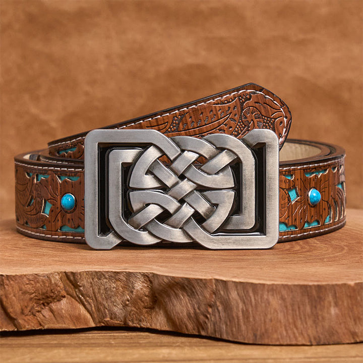 Ceinture en cuir avec boucle métallique style nœud celtique - Ceinture turquoise sculptée - 42 - image 3
