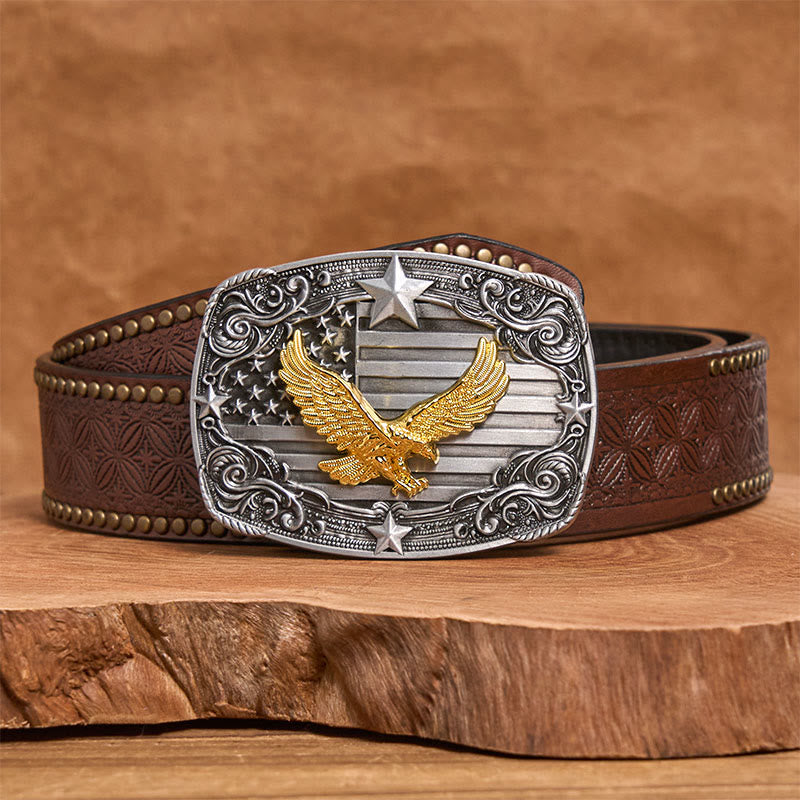 Ceinture en cuir pour homme avec boucle Golden Eagle, drapeau américain et étoiles - Ceinture à rivets marron - 42 - image 4