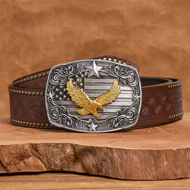Ceinture en cuir pour homme avec boucle Golden Eagle, drapeau américain et étoiles - Ceinture à rivets marron - 42 - image 4