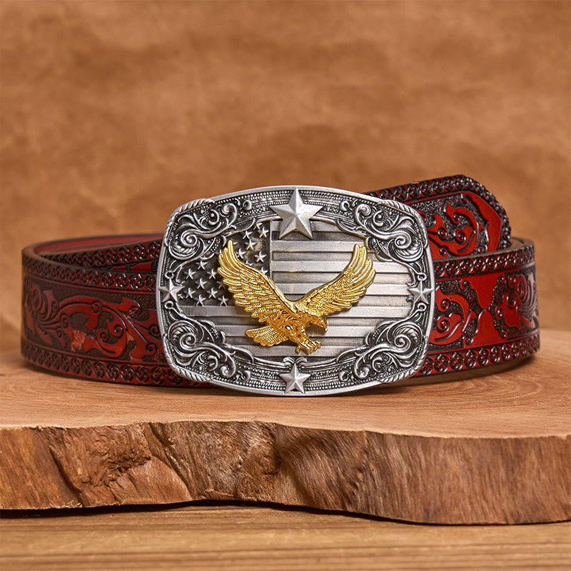 Ceinture en cuir pour homme avec boucle Golden Eagle, drapeau américain et étoiles - Ceinture sculptée marron - 42 - image 6