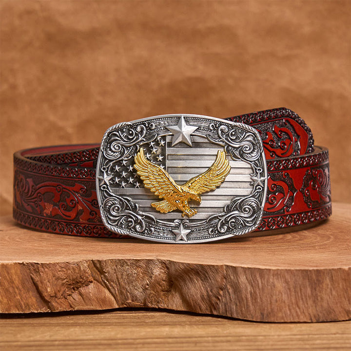 Ceinture en cuir pour homme avec boucle Golden Eagle, drapeau américain et étoiles - Ceinture sculptée marron - 42 - image 6