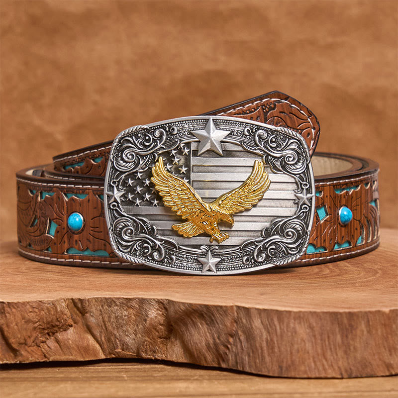 Ceinture en cuir pour homme avec boucle Golden Eagle, drapeau américain et étoiles - Ceinture turquoise sculptée - 42 - image 3