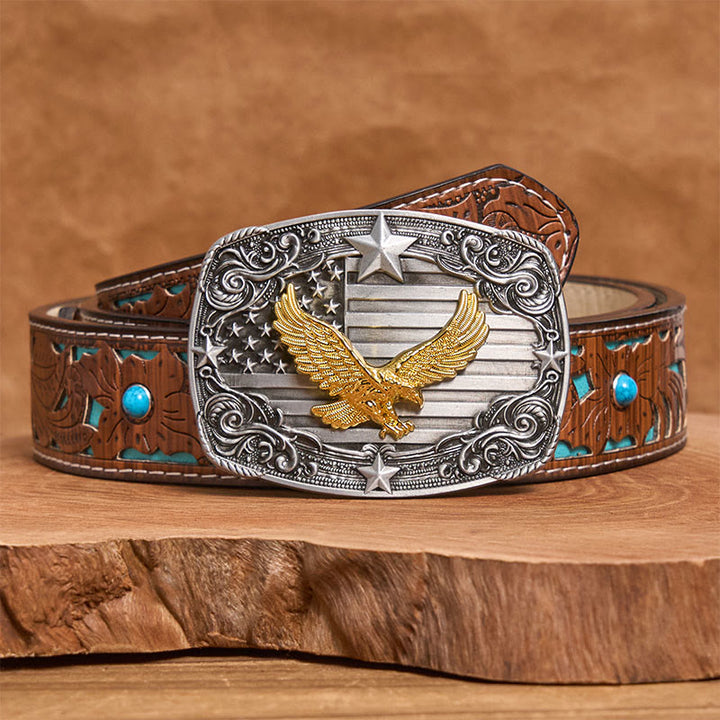 Ceinture en cuir pour homme avec boucle Golden Eagle, drapeau américain et étoiles - Ceinture turquoise sculptée - 42 - image 3