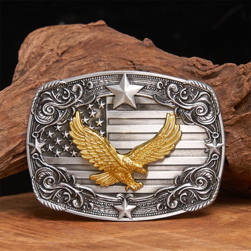 Ceinture en cuir pour homme avec boucle Golden Eagle, drapeau américain et étoiles - Sans ceinture - Ceinture non incluse - image 0