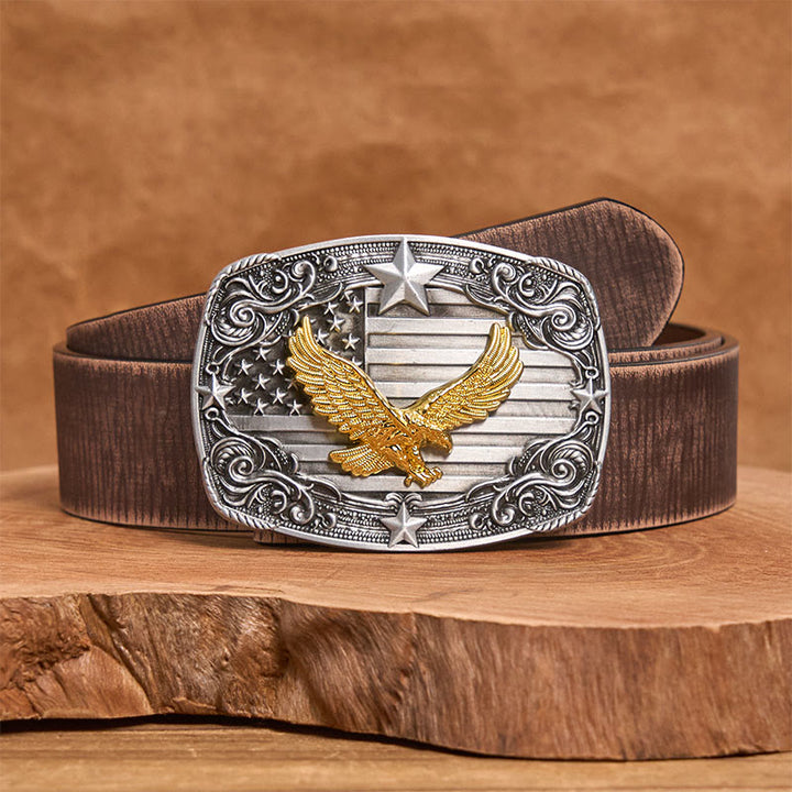 Ceinture en cuir pour homme avec boucle Golden Eagle, drapeau américain et étoiles - Ceinture marron vieillie - 42 - image 5
