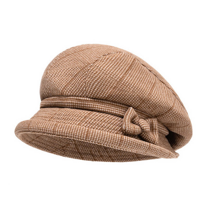 Béret chaud à carreaux pour femme avec nœud papillon décoratif - Chameau - M (22-22 7/8") - image 9