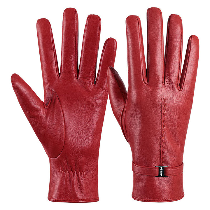 Gants d'hiver chauds en cuir orange élégants pour femmes - Rouge - L - image 4