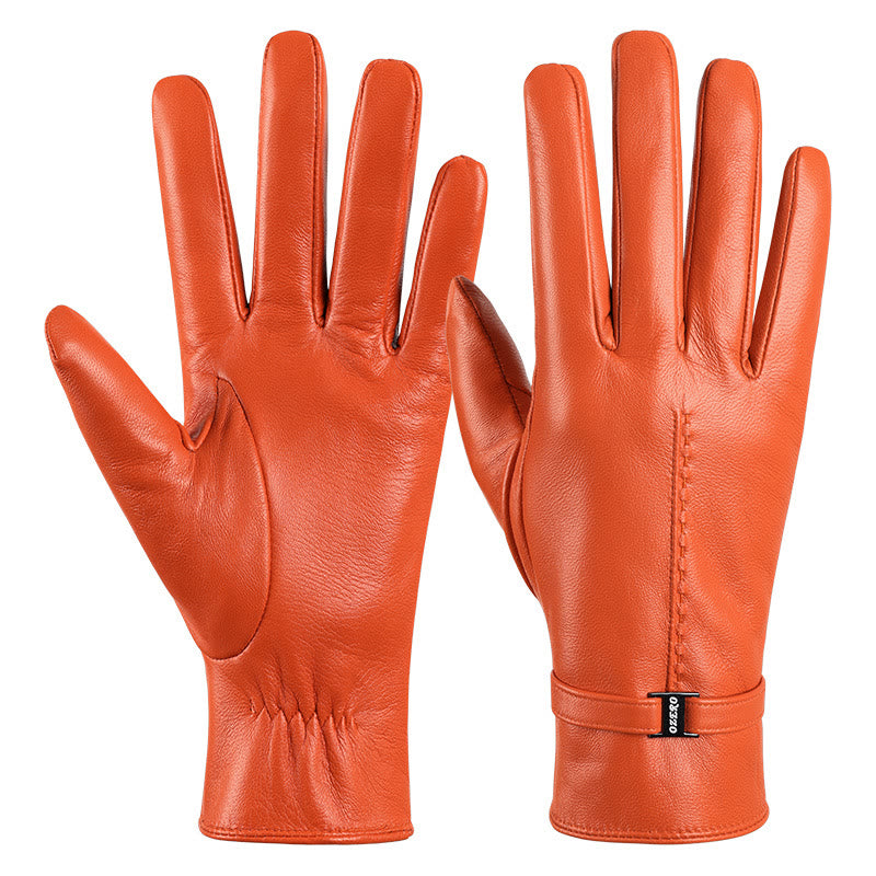 Gants d'hiver chauds en cuir orange élégants pour femmes - Orange - L - image 1