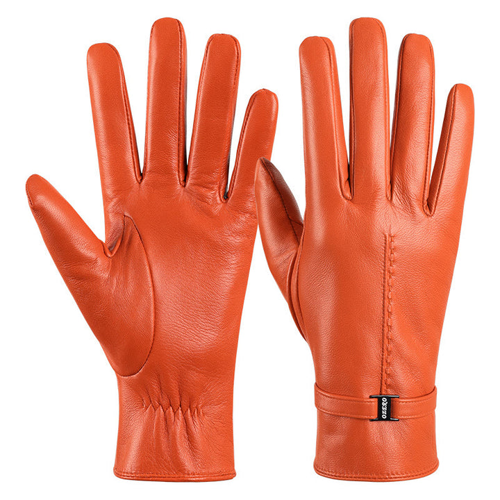 Gants d'hiver chauds en cuir orange élégants pour femmes - Orange - L - image 1