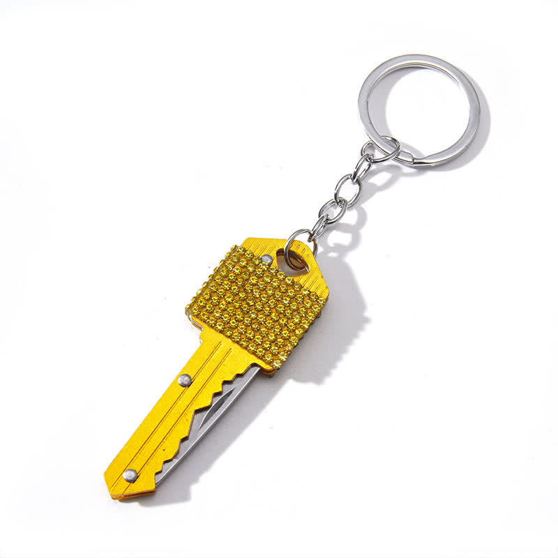 Porte-clés couteau pliant en forme de clé orné de strass brillants - Jaune - image 8