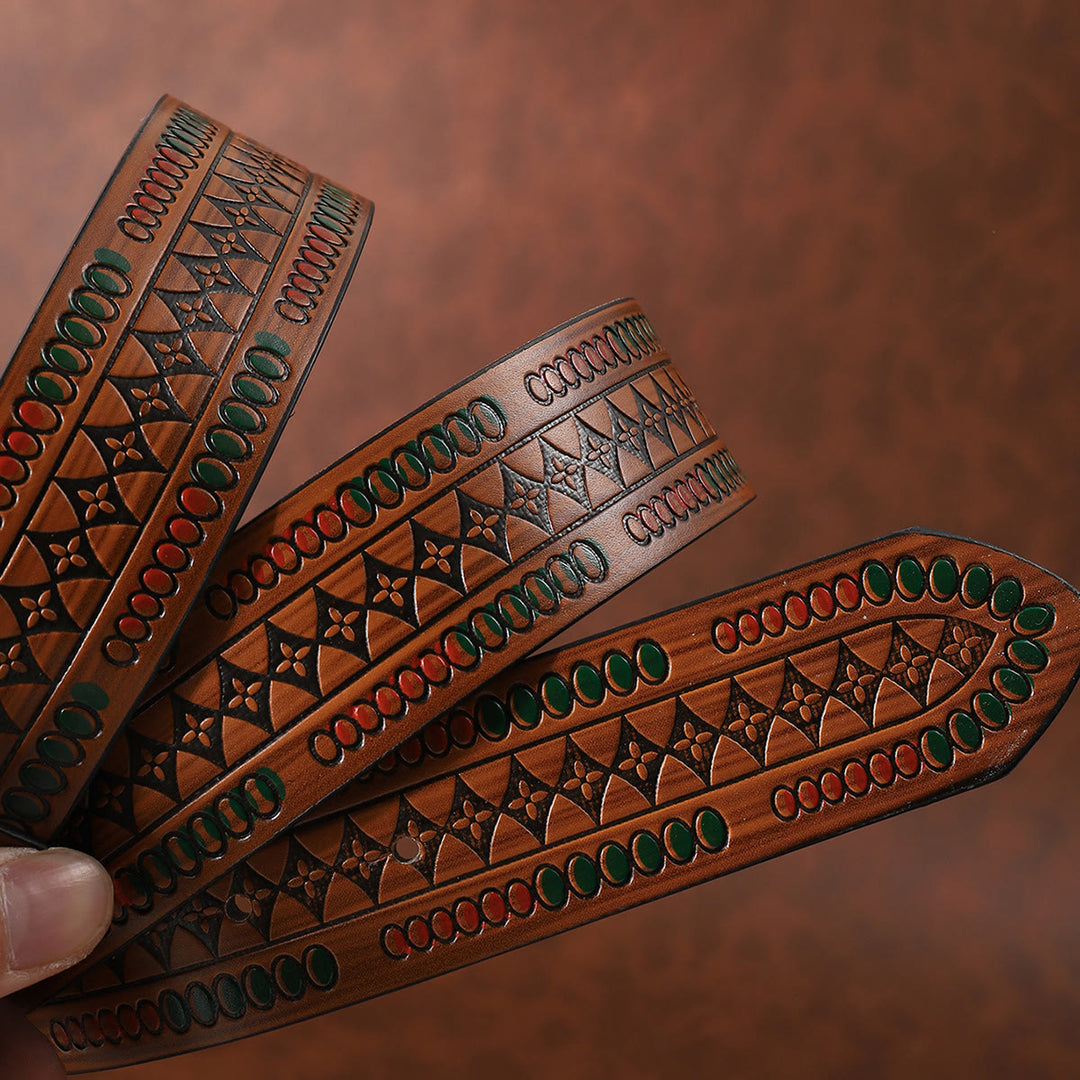 Ceinture en cuir à motif floral gaufré, ornée d'une boucle et d'une perle turquoise et d'une pierre rouge rétro - image 3