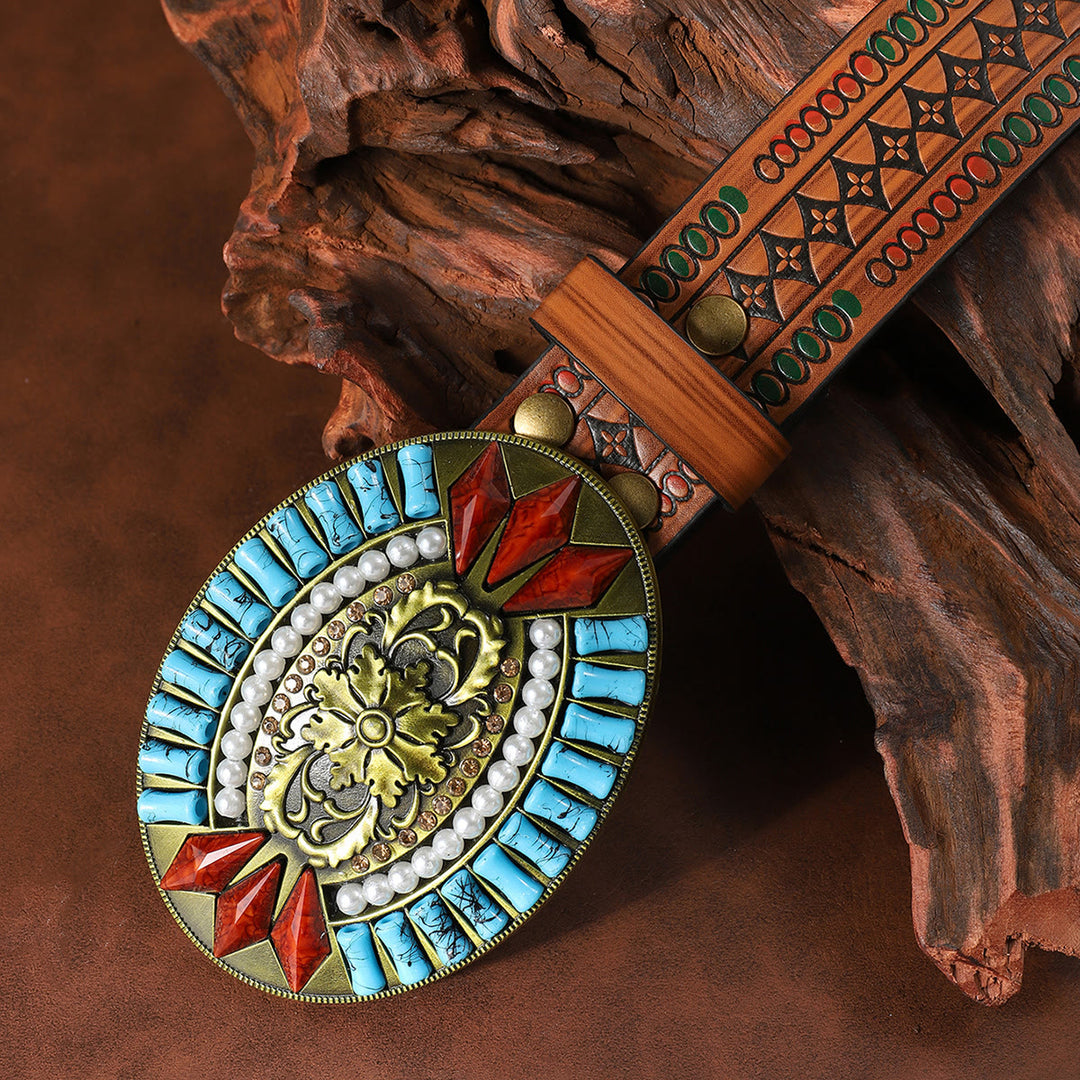 Ceinture en cuir à motif floral gaufré, ornée d'une boucle et d'une perle turquoise et d'une pierre rouge rétro - image 2