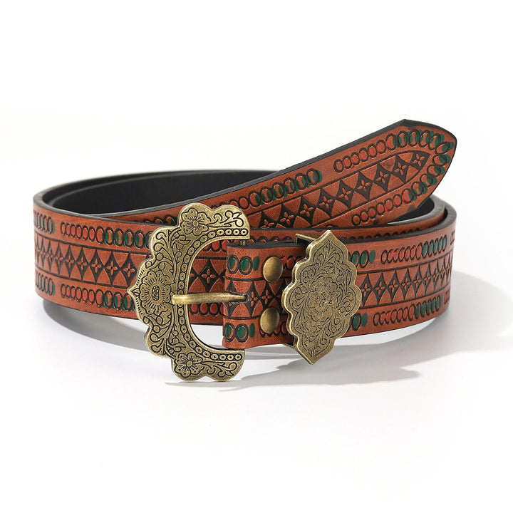 Ceinture en cuir marron à motif géométrique et boucle florale vintage en laiton - Style n° 1 - 38 - image 0