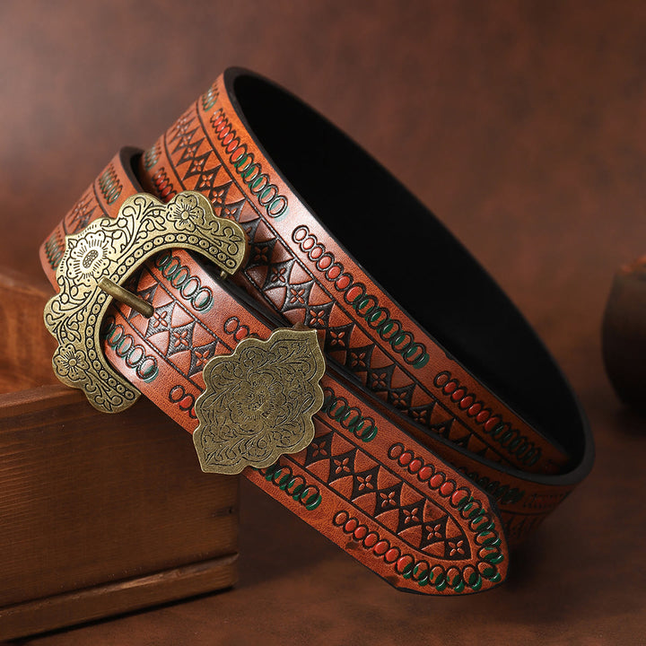 Ceinture en cuir marron à motif géométrique et boucle florale vintage en laiton - image 2