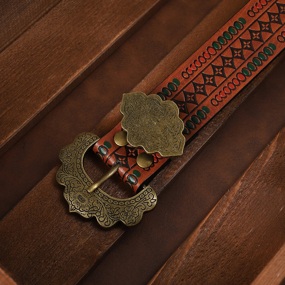 Ceinture en cuir marron à motif géométrique et boucle florale vintage en laiton - image 1